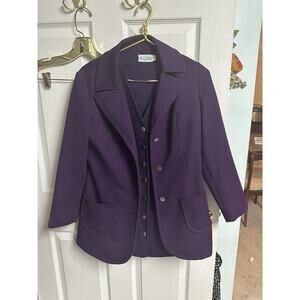 70s Purple Dagger Collar Poly Jacket Blazer Vest Set Plum Work Med Career 36w